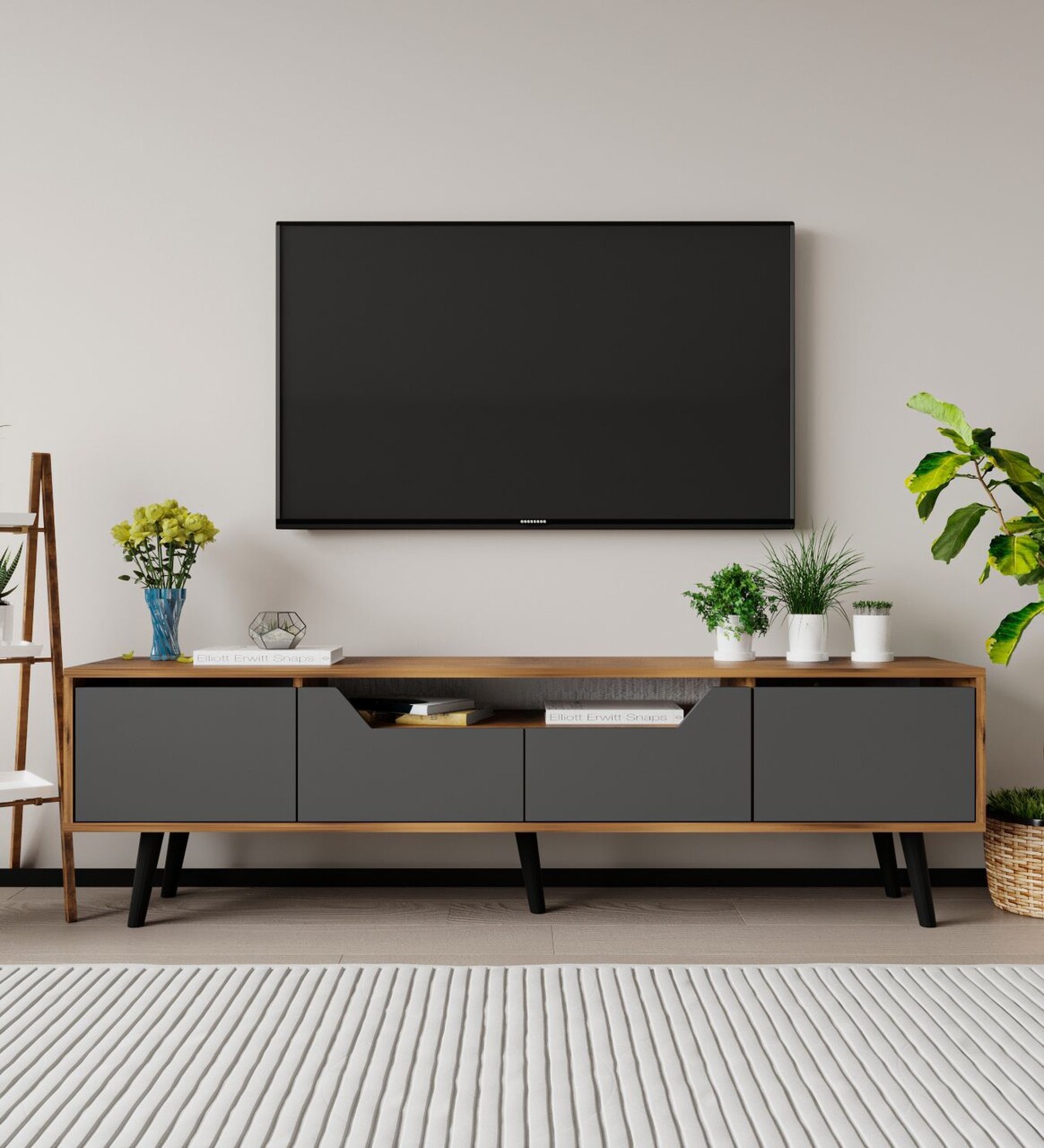 Comoda TV, Hanah Home, Roma 180, 180x48x29.8 cm, PAL, Nuc / Antracit - imagine 7